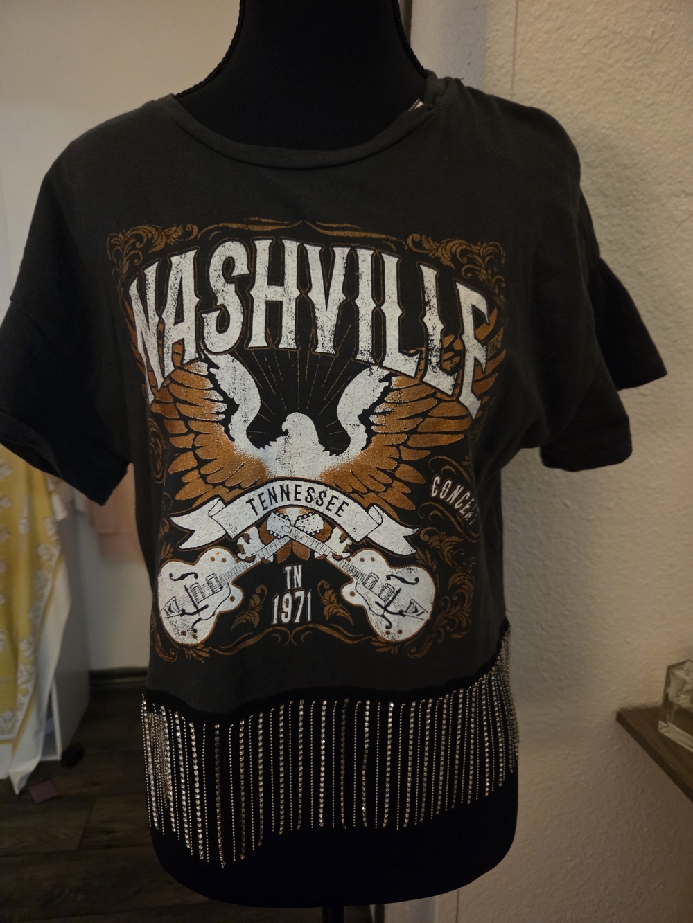 Nashville Graphic Short Sleeve Tee with rhinestone fringe